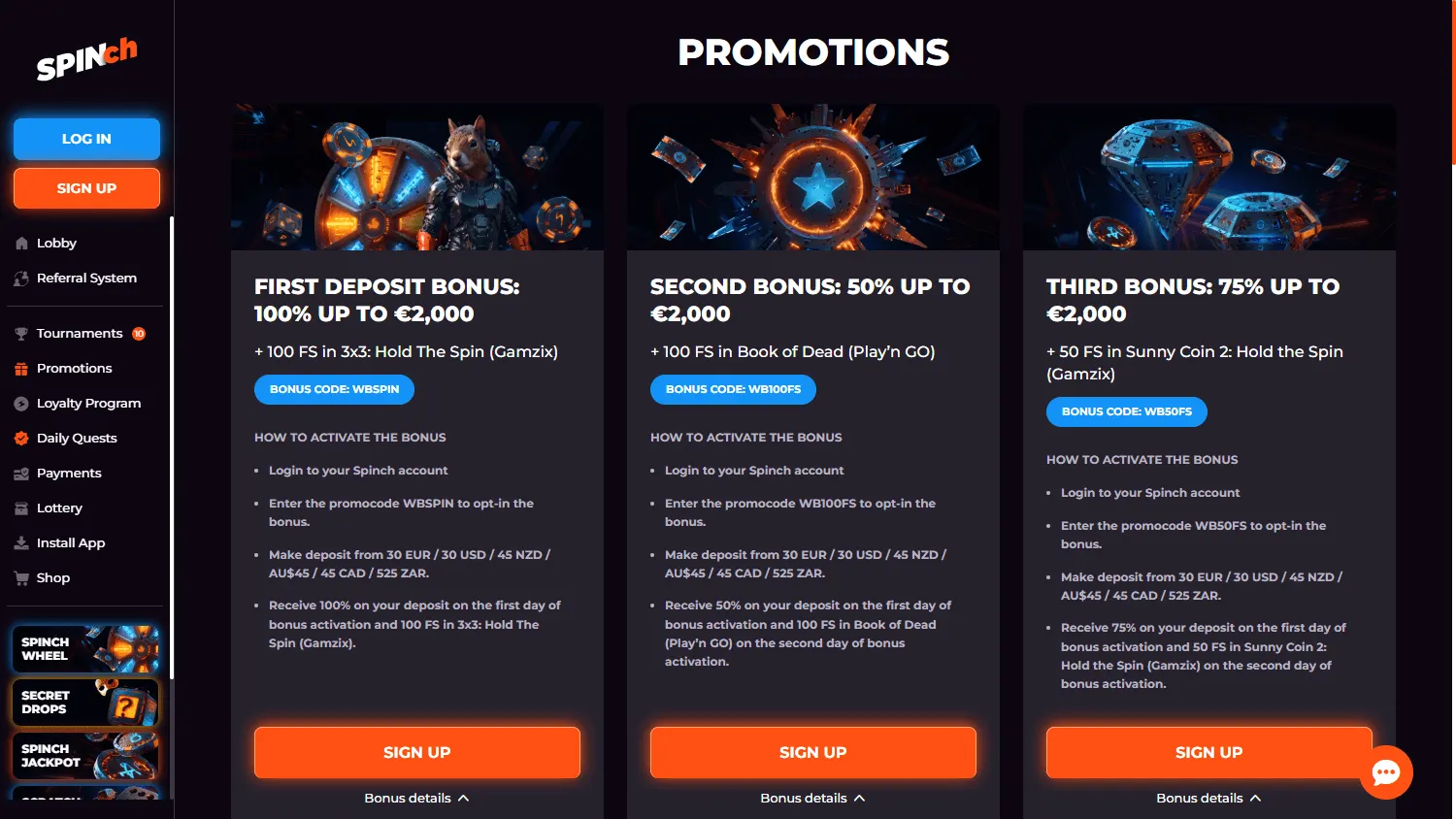 Spinch Casino desktop promotions area showing casino bonus offers