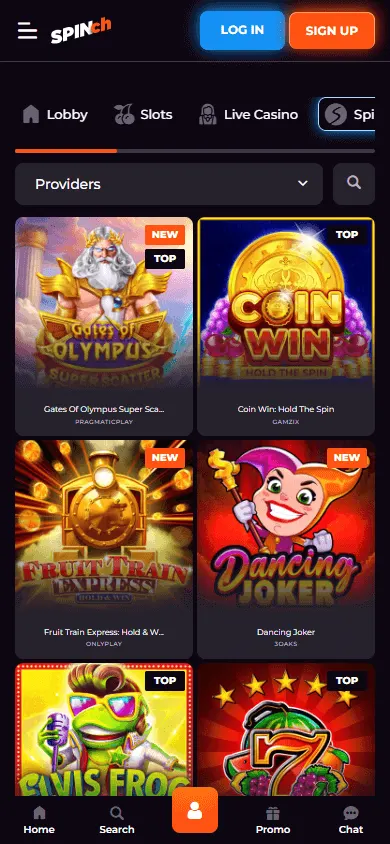 Spinch Casino mobile games area with casino categories