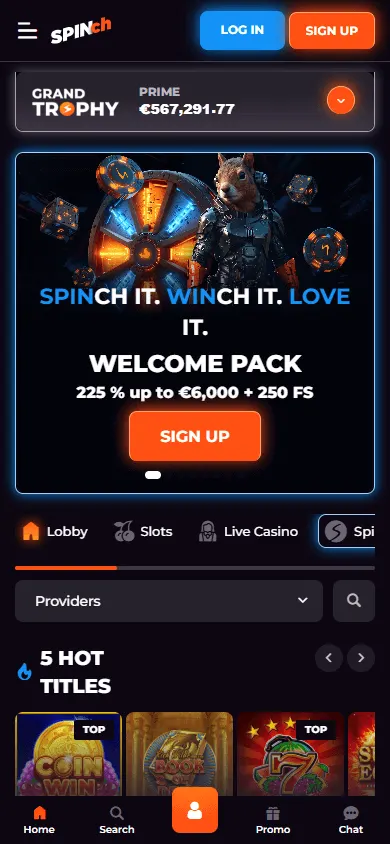 Spinch Casino mobile home interface for casino play