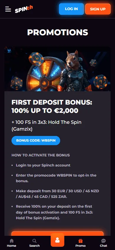 Spinch Casino mobile promotions area showing casino offers