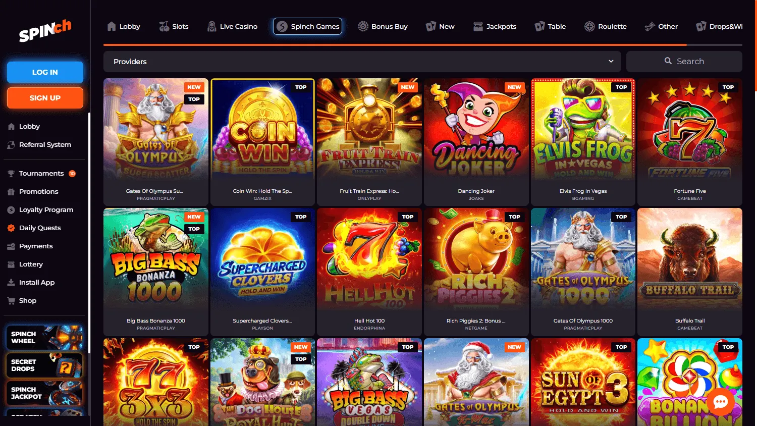 Spinch Casino desktop games area with pokies and casino categories