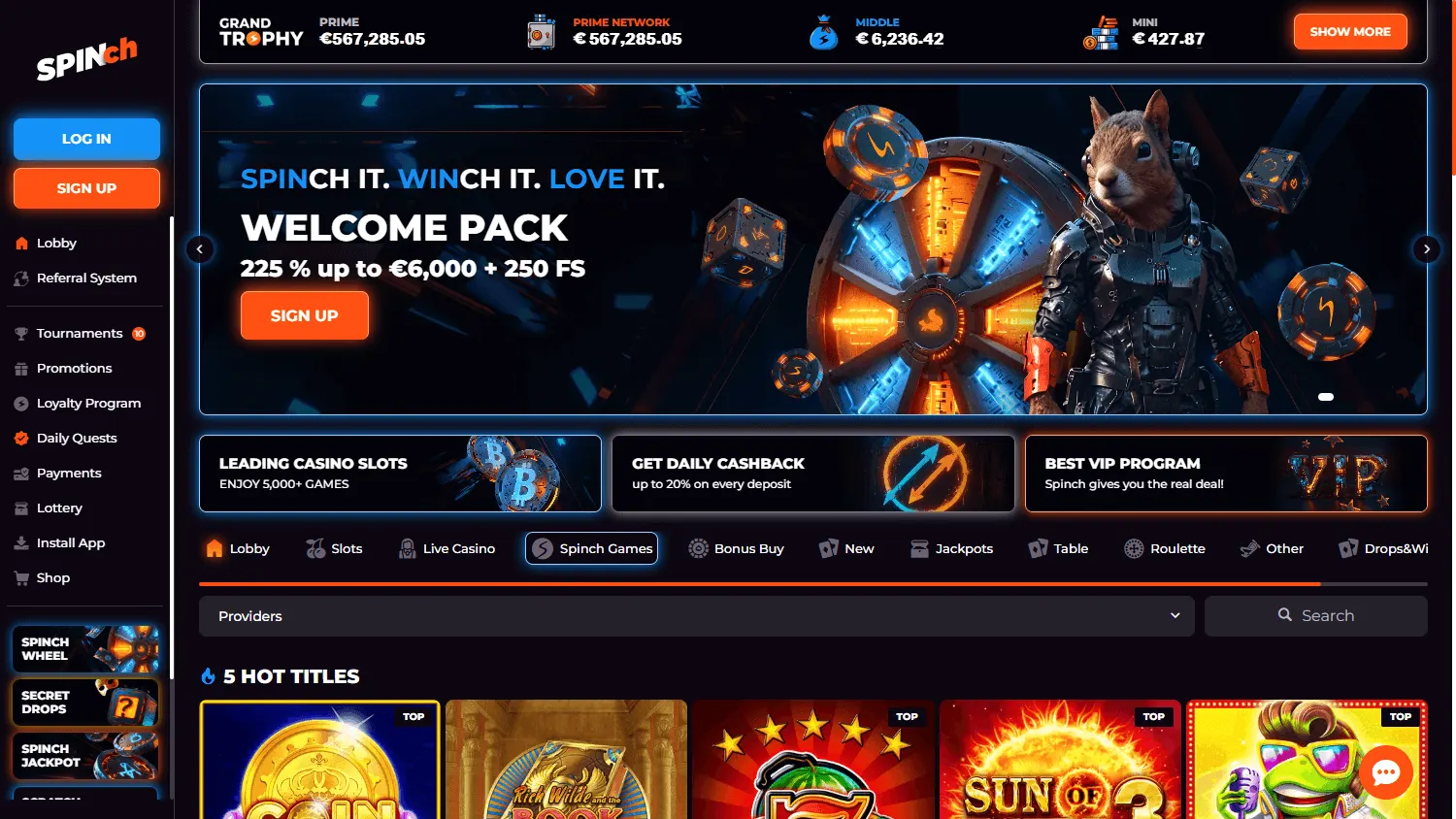 Spinch Casino desktop home interface with casino promotions and navigation